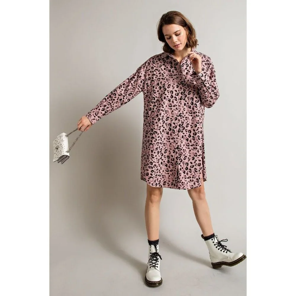 Easel Mauve Leopard Animal Printed Collared Neck Shirt Button Down Front Dress - Picture 5 of 5